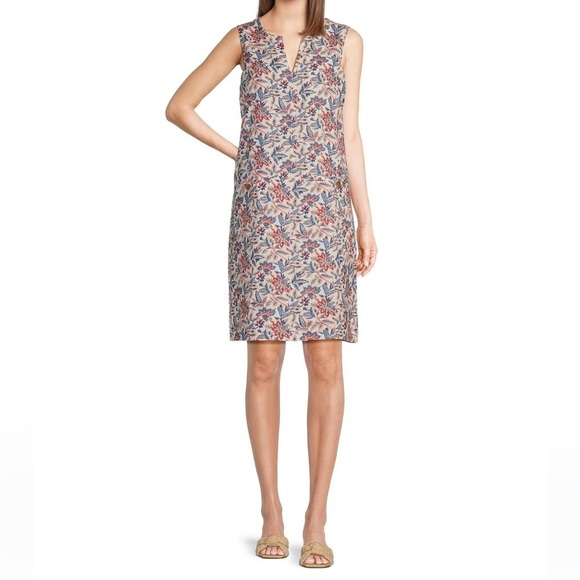 J. McLaughlin Rue Coral/Blue Linen Floral Sleeveless Shift Dress Medium NEW $218 - Picture 1 of 16